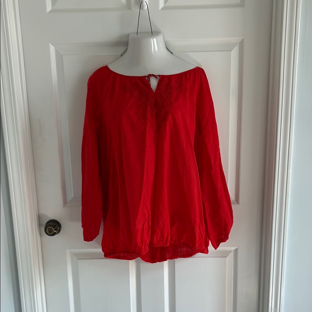 Lane Bryant Red Long Sleeve Tie Front Blouse Embroidered Detail at front.